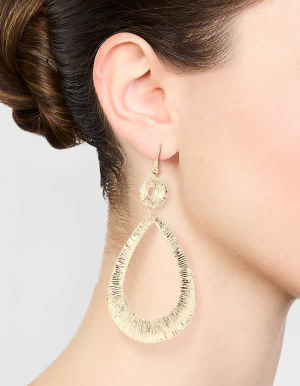 Gold Etched Oval Disc Drop Earrings