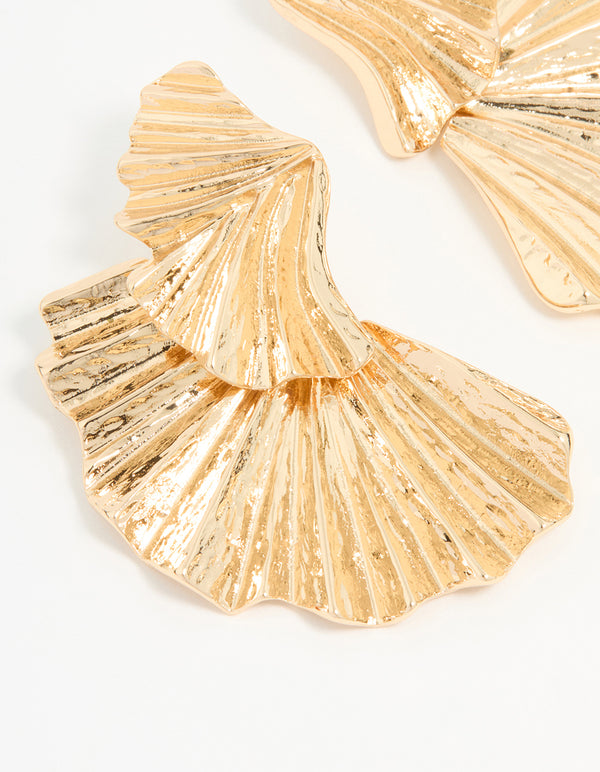 Gold Textured Metal Fan Drop Earrings