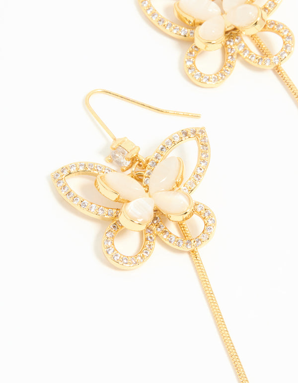 Gold Plated Pearl Butterfly Long Drop Earrings