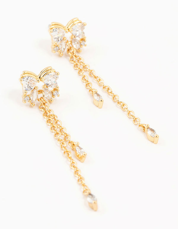 Gold Plated Cubic Zirconia Heart & Butterfly Chain Earrings