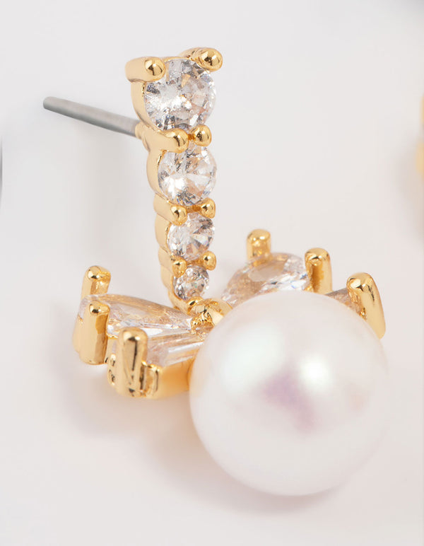 Gold Plated Cubic Zirconia & Pearl Bow Drop Earrings