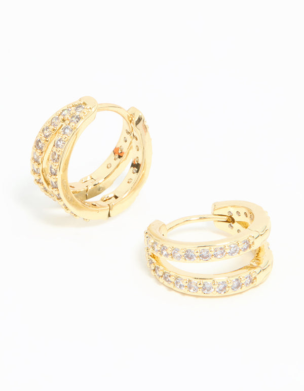 Gold Plated Diamante Double Mini Hoop Earrings