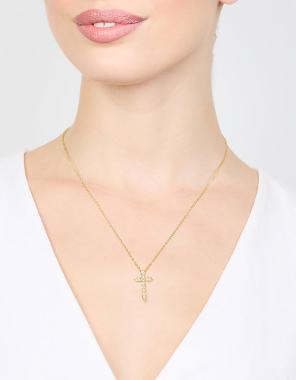 Gold Plated Cubic Zirconia Cross Pendant Necklace
