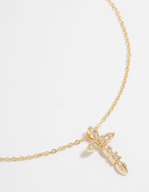 Gold Plated Cubic Zirconia Cross Pendant Necklace