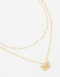 Gold Plated Pearl Butterfly Layered Necklace - link has visual effect only