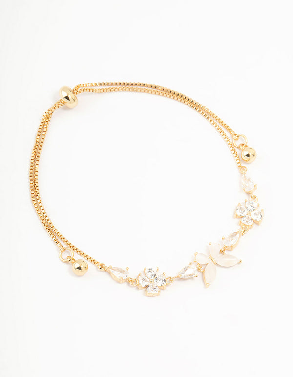 Gold Plated Cubic Zirconia Butterfly & Flower Toggle Bracelet