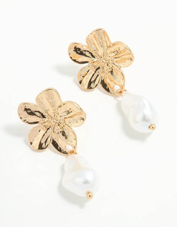 Gold Plated Pearl & Flower Drop Earrings