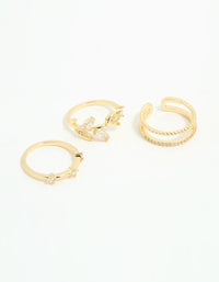 Showcasing gold plated cubic zirconia leafy station rings in a 3-pack front view - link has visual effect only