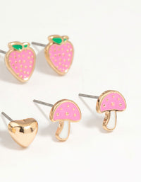 Kids Gold Mushroom & Strawberry Stud Earrings 6-Pack - link has visual effect only