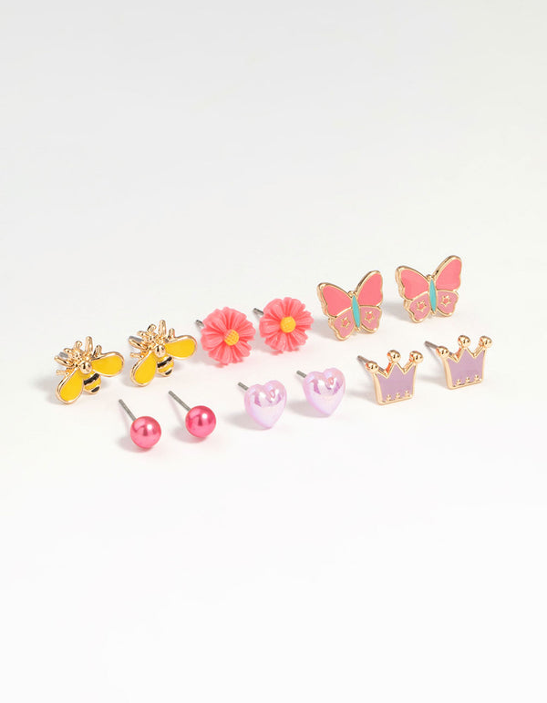 Kids Gold Tiara & Bee Stud Earrings 6-Pack