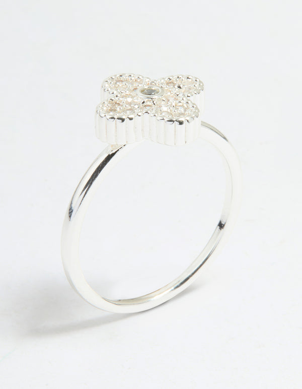 Silver Plated Cubic Zirconia Flower Statement Ring
