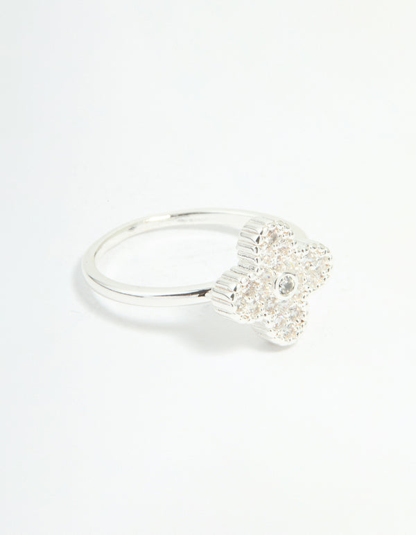 Silver Plated Cubic Zirconia Flower Statement Ring