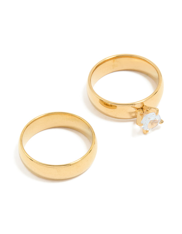 Waterproof Gold Plated Stainless Steel Cubic Zirconia & Sleek Band Rings 2-Pack