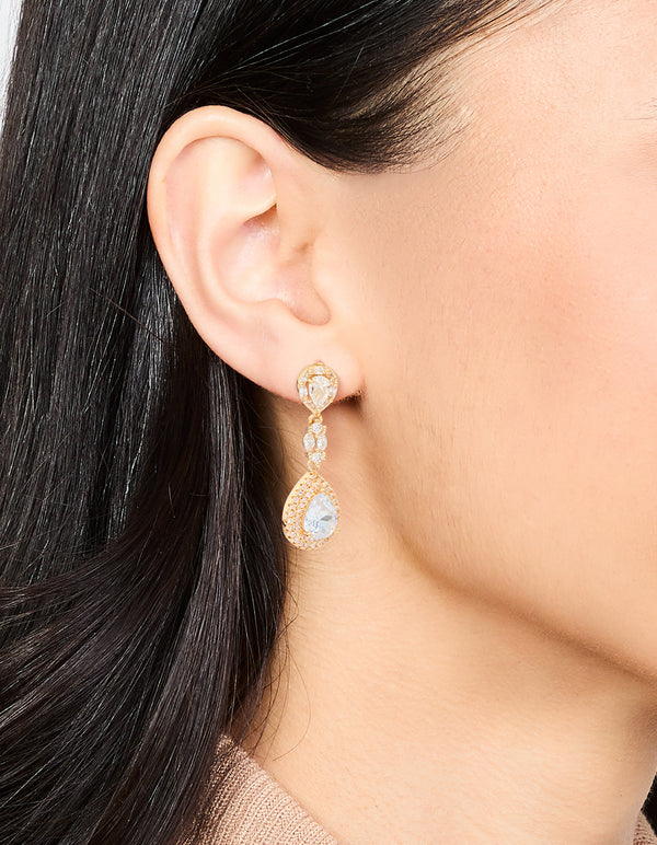 Gold Cubic Zirconia Halo Pear Drop Earrings