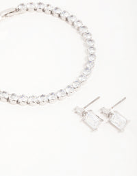 Silver Diamante Rectangle Drop Earrings & Tennis Bracelet Set - link has visual effect only