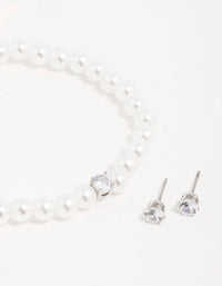 Silver Pearl Cubic Zirconia Earrings & Bracelet Set - link has visual effect only