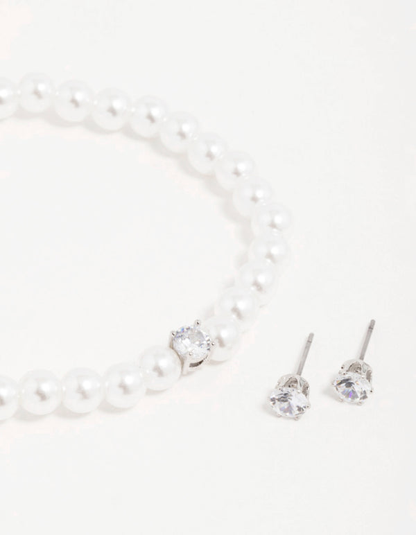 Silver Pearl Cubic Zirconia Earrings & Bracelet Set