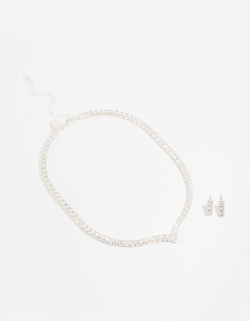 Silver Cubic Zirconia Thick V Necklace & Earrings Set