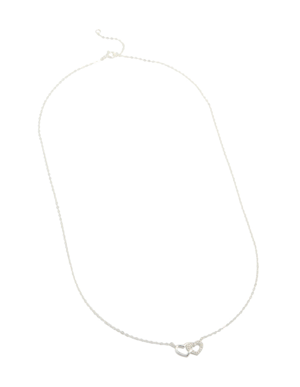 Showcasing a sterling silver heart link necklace in silver close up view
