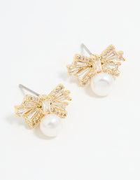 Gold Plated Pearl & Cubic Zirconia Bow Baguette Drop Earrings - link has visual effect only
