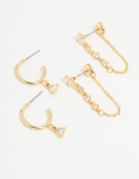 Gold Plated Cubic Zirconia Stud & Chain Earrings 2-Pack - link has visual effect only