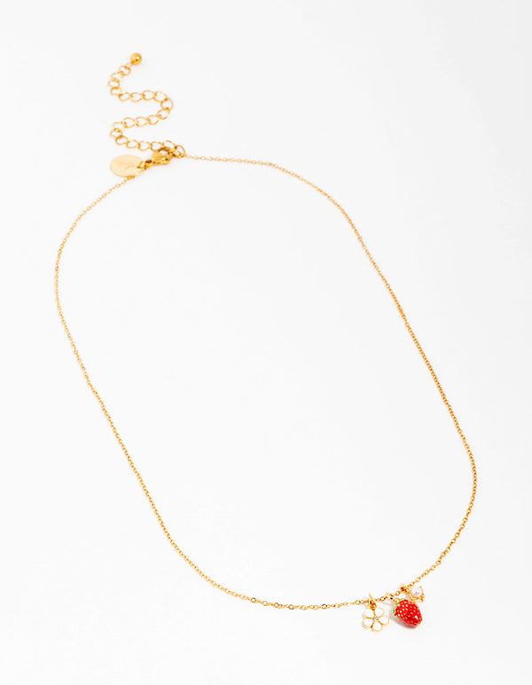 Waterproof Gold Plated Stainless Steel Strawberry & Flower Pendant Necklace