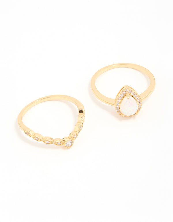 Gold Plated Cubic Zirconia Pear & Dainty Pointed Stacking Rings 2-Pack