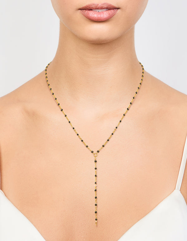 Waterproof Gold Plated Stainless Steel Black Bead Y-Necklace