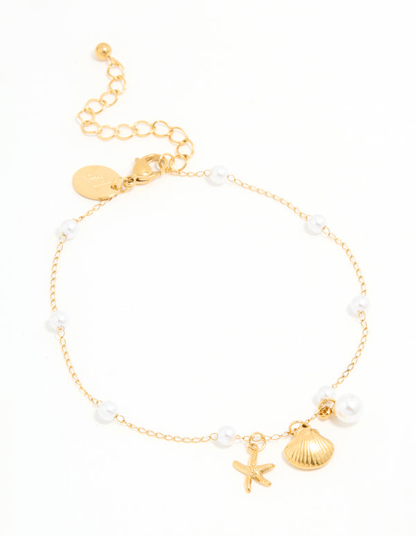 Waterproof Gold Plated Stainless Steel Pearl Star & Shell Charm Anklet