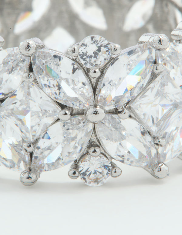 Silver Plated Cubic Zirconia Floral Wide Band Ring