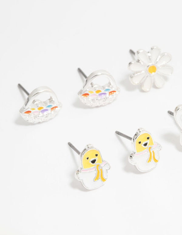 Kids Silver Chick & Easter Bunny Stud Earrings 6-Pack