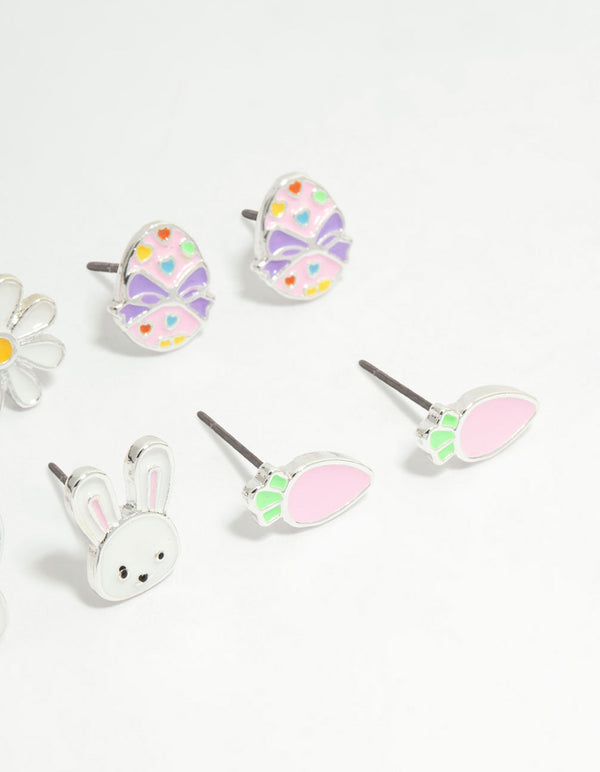 Kids Silver Chick & Easter Bunny Stud Earrings 6-Pack