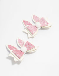 Kids Bunny Pom Pom Bow Fabric Hair Clips 2-Pack - link has visual effect only