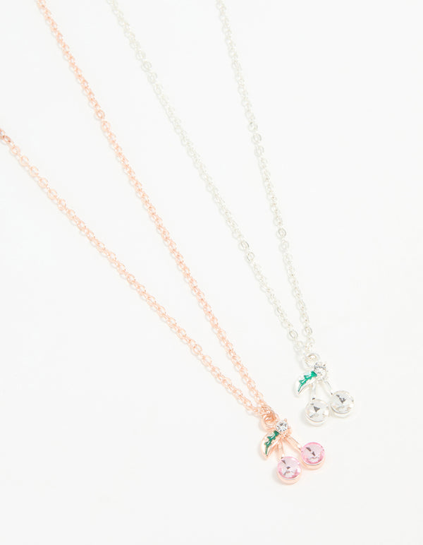 Mixed Metal Cherry Diamante Pendant Necklaces 2-Pack