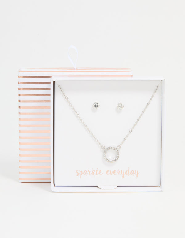 Silver Diamante Circle Pendant Necklace & Stud Earrings Set