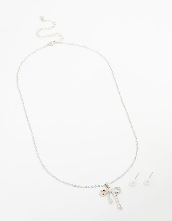 Silver Pearl Bow Necklace & Stud Earrings Set