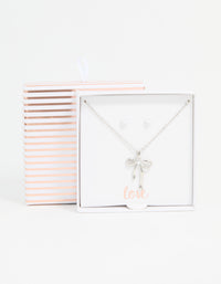 Silver Pearl Bow Necklace & Stud Earrings Set - link has visual effect only
