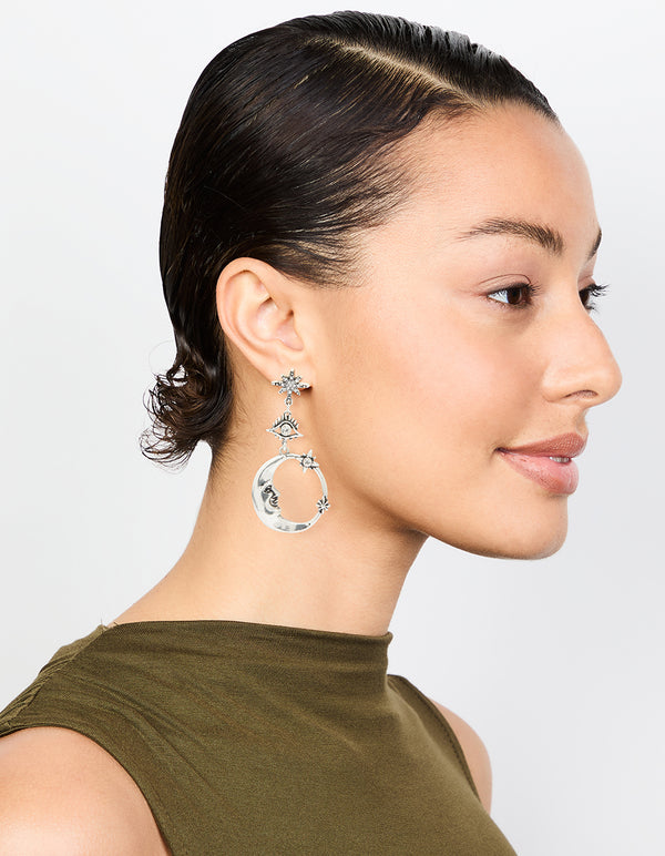 Silver Moon Celestial Drop Earrings