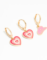 Kids Gold Pink Cowgirl & Heart Huggie Earrings 3-Pack - link has visual effect only