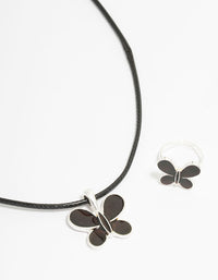 Kids Silver Black Butterfly Mood Cord Necklace & Ring Set - link has visual effect only
