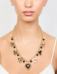 Gold Black Beaded Heart Charm Necklace - link has visual effect only