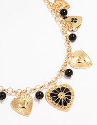 Gold Black Beaded Heart Charm Necklace - link has visual effect only
