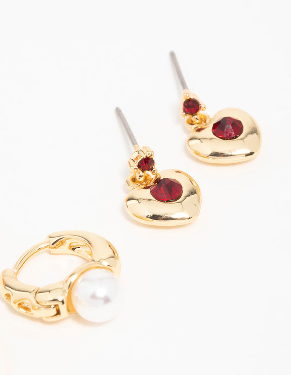 Gold  Chunky Heart Stud Earrings 3-Pack