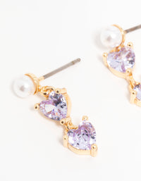 Gold Purple Cubic Zirconia Pearl Dainty Heart Drop Earrings - link has visual effect only