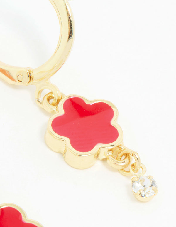 Gold Red Cubic Zirconia Floral Droplet Earrings