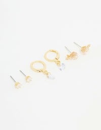 Gold Plated Cubic Zirconia Floral Drop Earrings 3-Pack - link has visual effect only