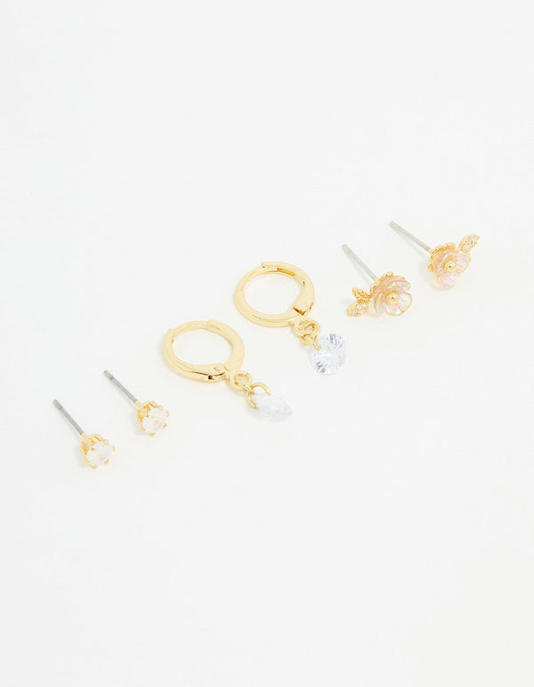 Gold Plated Cubic Zirconia Floral Drop Earrings 3-Pack