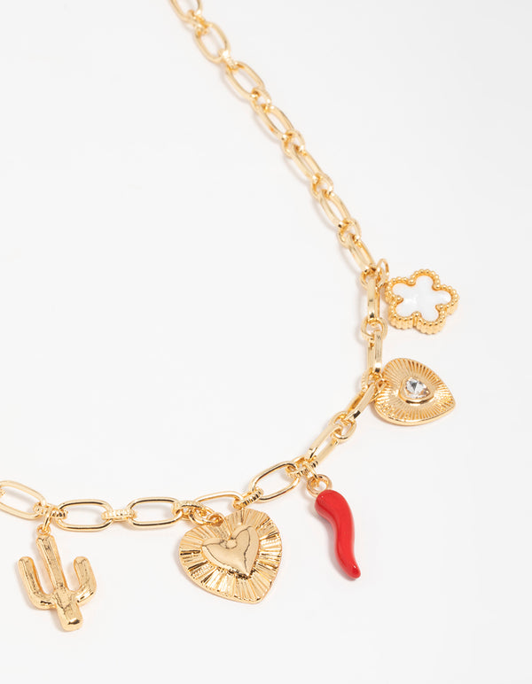 Gold Chilli & Cactus Charm Pendant Necklace