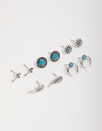 Antique Silver Turquoise Stone Stud Earrings 5-Pack - link has visual effect only