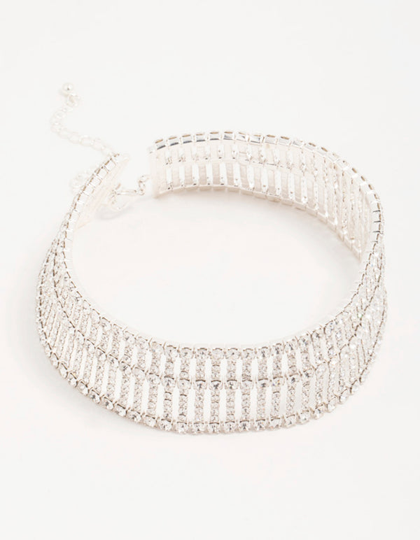 Silver Diamante Stacked Cupchain Choker Necklace